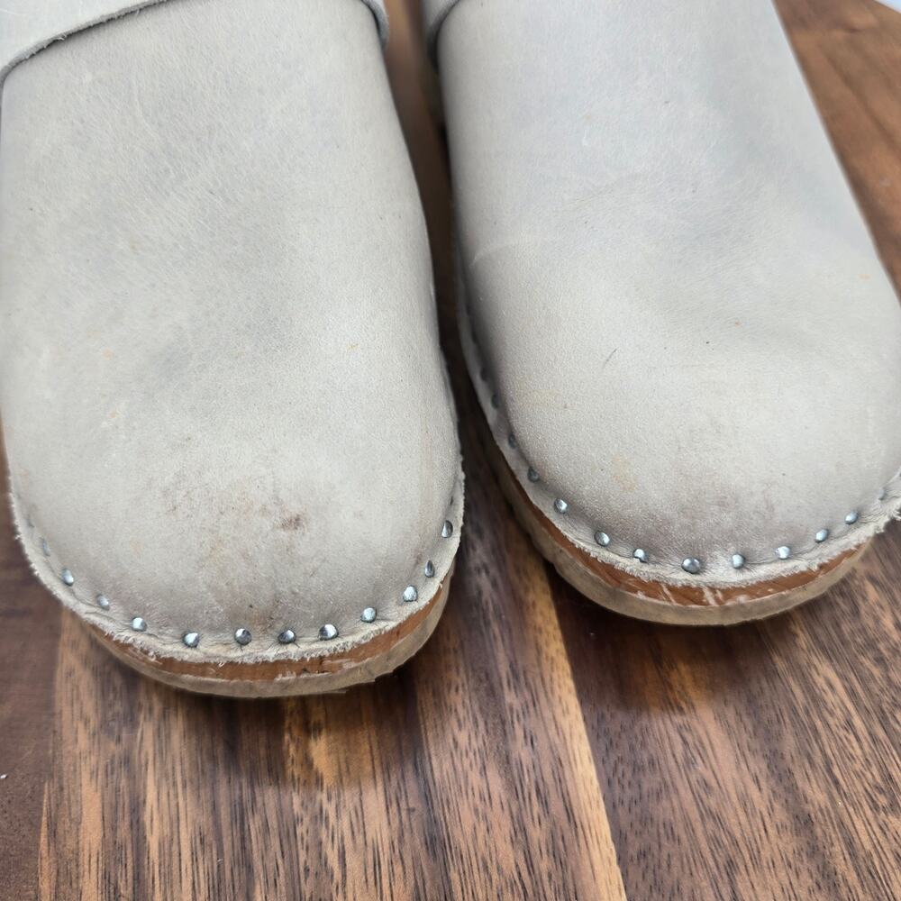 Troentorp Clogs Womens 6 36 Taupe Gray Leather Slip Resistant Work Wooden Wedge - Picture 6 of 10